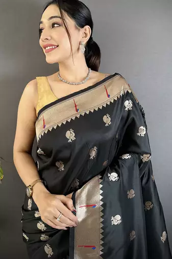 black soft silk blend peacock & floral zari motifs kanchipuram saree