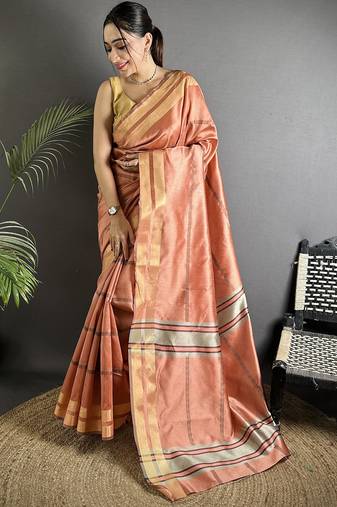 peach raw silk blend zari woven ghicha art saree