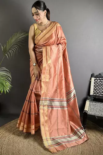 peach raw silk blend zari woven ghicha art saree