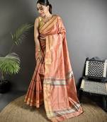 peach raw silk blend zari woven ghicha art saree