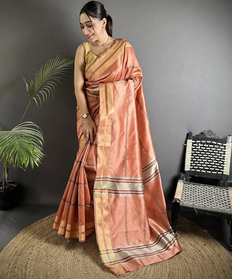 peach raw silk blend zari woven ghicha art saree