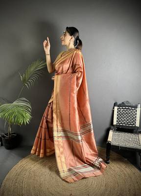 peach raw silk blend zari woven ghicha art saree 2