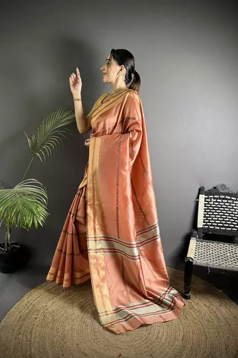 peach raw silk blend zari woven ghicha art saree