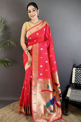 pink soft silk blend peacock & floral zari motifs kanchipuram saree