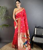 pink soft silk blend peacock & floral zari motifs kanchipuram saree