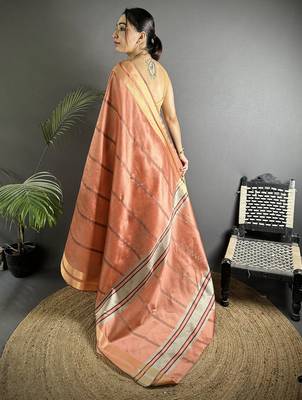 peach raw silk blend zari woven ghicha art saree 3