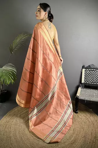 peach raw silk blend zari woven ghicha art saree