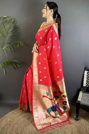 pink soft silk blend peacock & floral zari motifs kanchipuram saree
