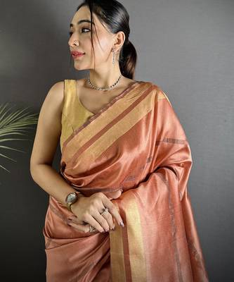 peach raw silk blend zari woven ghicha art saree 4