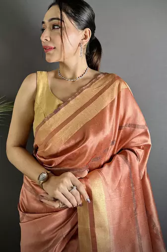 peach raw silk blend zari woven ghicha art saree