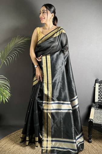 black raw silk blend zari woven ghicha art saree