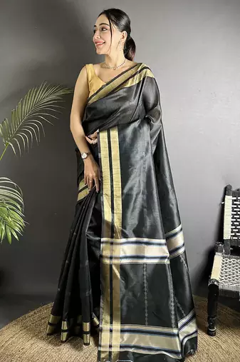 black raw silk blend zari woven ghicha art saree