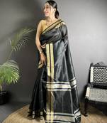 black raw silk blend zari woven ghicha art saree
