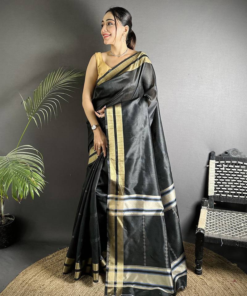 black raw silk blend zari woven ghicha art saree
