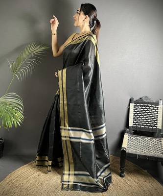 black raw silk blend zari woven ghicha art saree 2