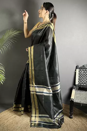 black raw silk blend zari woven ghicha art saree