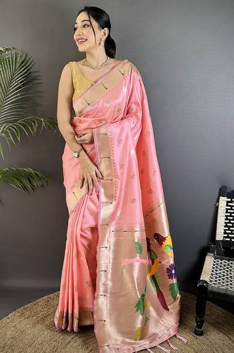light pink soft silk blend peacock & floral zari motifs kanchipuram saree