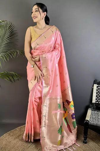 light pink soft silk blend peacock & floral zari motifs kanchipuram saree