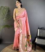 light pink soft silk blend peacock & floral zari motifs kanchipuram saree