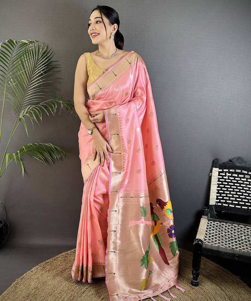 light pink soft silk blend peacock & floral zari motifs kanchipuram saree