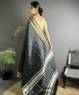 black raw silk blend zari woven ghicha art saree 3