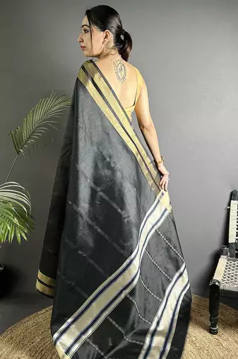 black raw silk blend zari woven ghicha art saree
