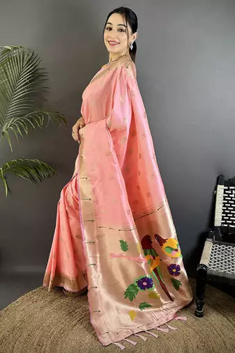 light pink soft silk blend peacock & floral zari motifs kanchipuram saree