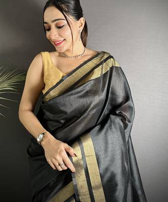 black raw silk blend zari woven ghicha art saree 4
