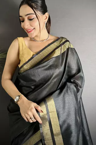 black raw silk blend zari woven ghicha art saree
