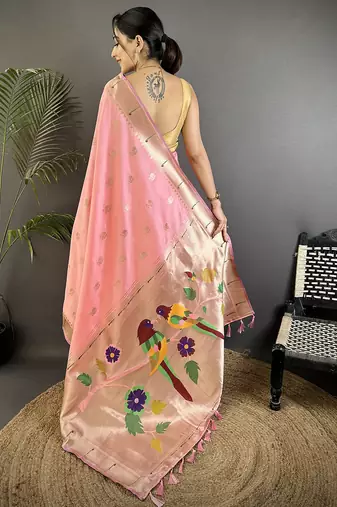 light pink soft silk blend peacock & floral zari motifs kanchipuram saree