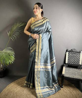 dark grey raw silk blend zari woven ghicha art saree 1
