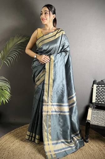 dark grey raw silk blend zari woven ghicha art saree