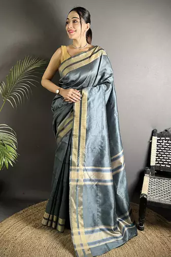 dark grey raw silk blend zari woven ghicha art saree