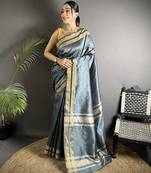 dark grey raw silk blend zari woven ghicha art saree