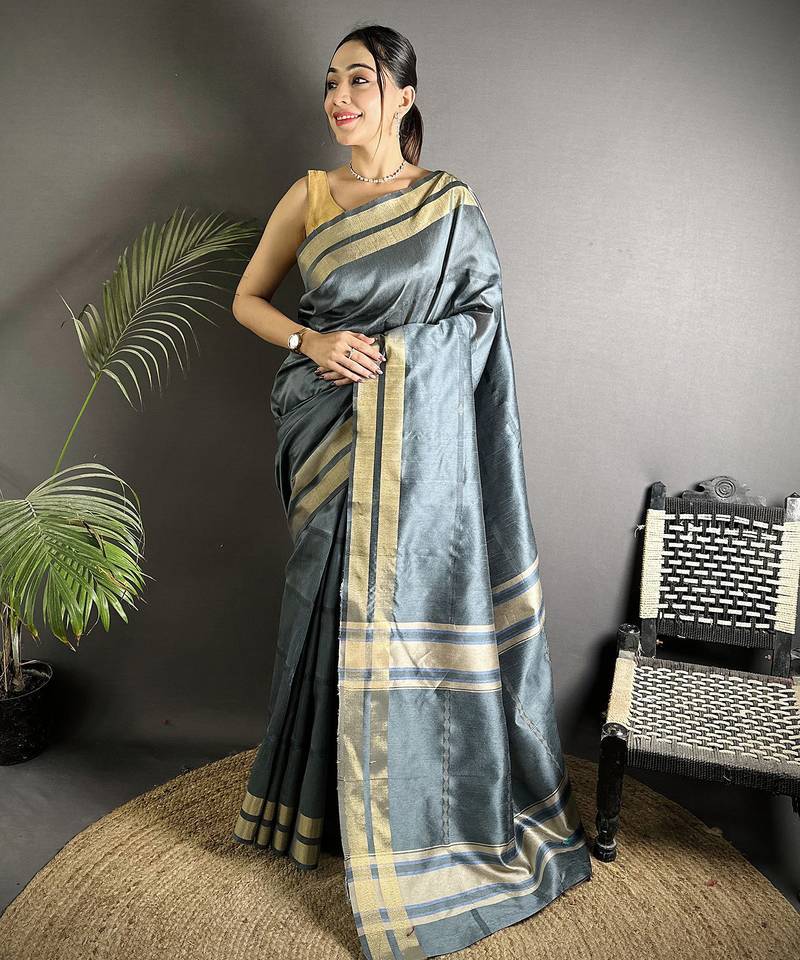 dark grey raw silk blend zari woven ghicha art saree