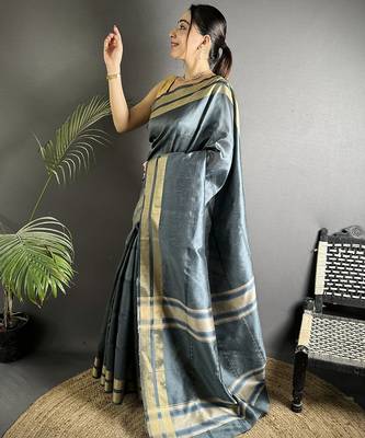 dark grey raw silk blend zari woven ghicha art saree 2