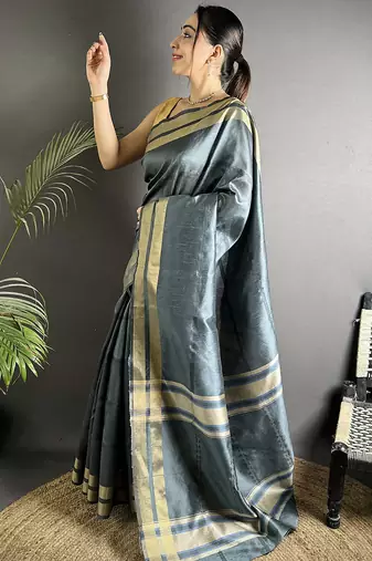 dark grey raw silk blend zari woven ghicha art saree