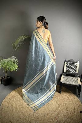 dark grey raw silk blend zari woven ghicha art saree 3