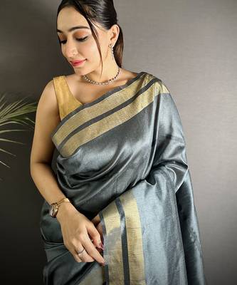 dark grey raw silk blend zari woven ghicha art saree 4