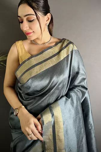 dark grey raw silk blend zari woven ghicha art saree