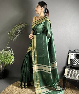 green raw silk blend zari woven ghicha art saree 1