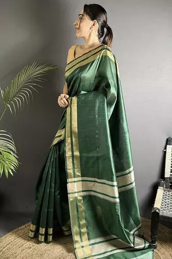 green raw silk blend zari woven ghicha art saree