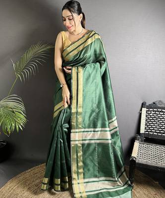 green raw silk blend zari woven ghicha art saree 2