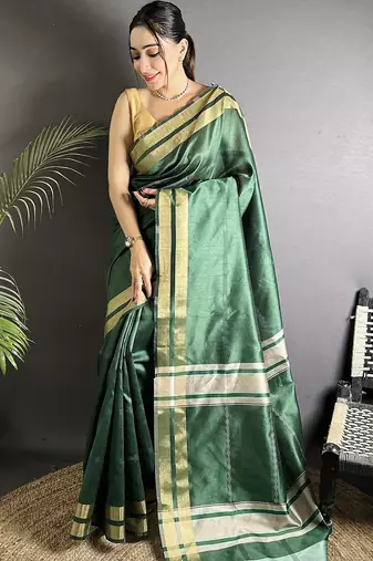 green raw silk blend zari woven ghicha art saree