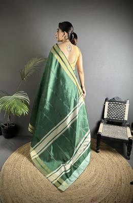 green raw silk blend zari woven ghicha art saree 3