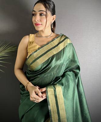 green raw silk blend zari woven ghicha art saree 4