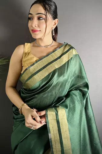 green raw silk blend zari woven ghicha art saree