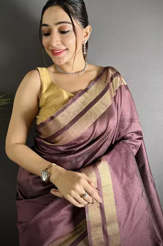 wine raw silk blend zari woven ghicha art saree