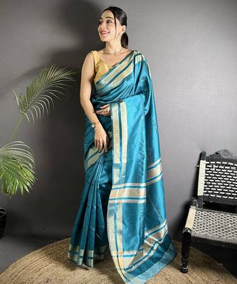 turquoise raw silk blend zari woven ghicha art saree 1