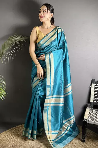 turquoise raw silk blend zari woven ghicha art saree